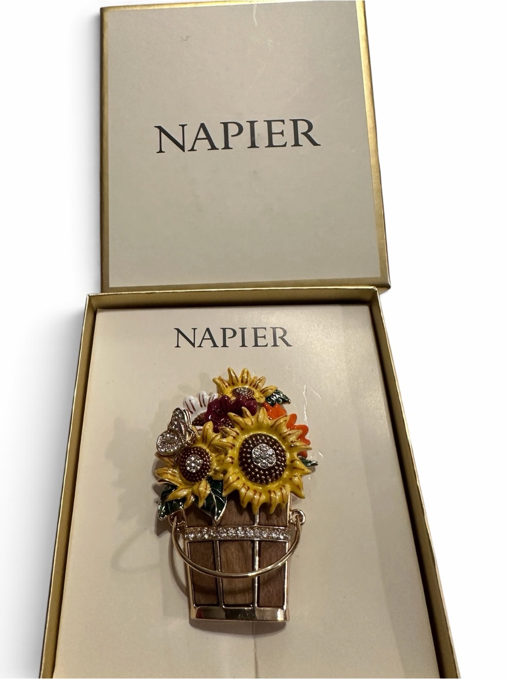 Napier Sunflower Flower Basket Rhinestone Brooch w/ Original Box